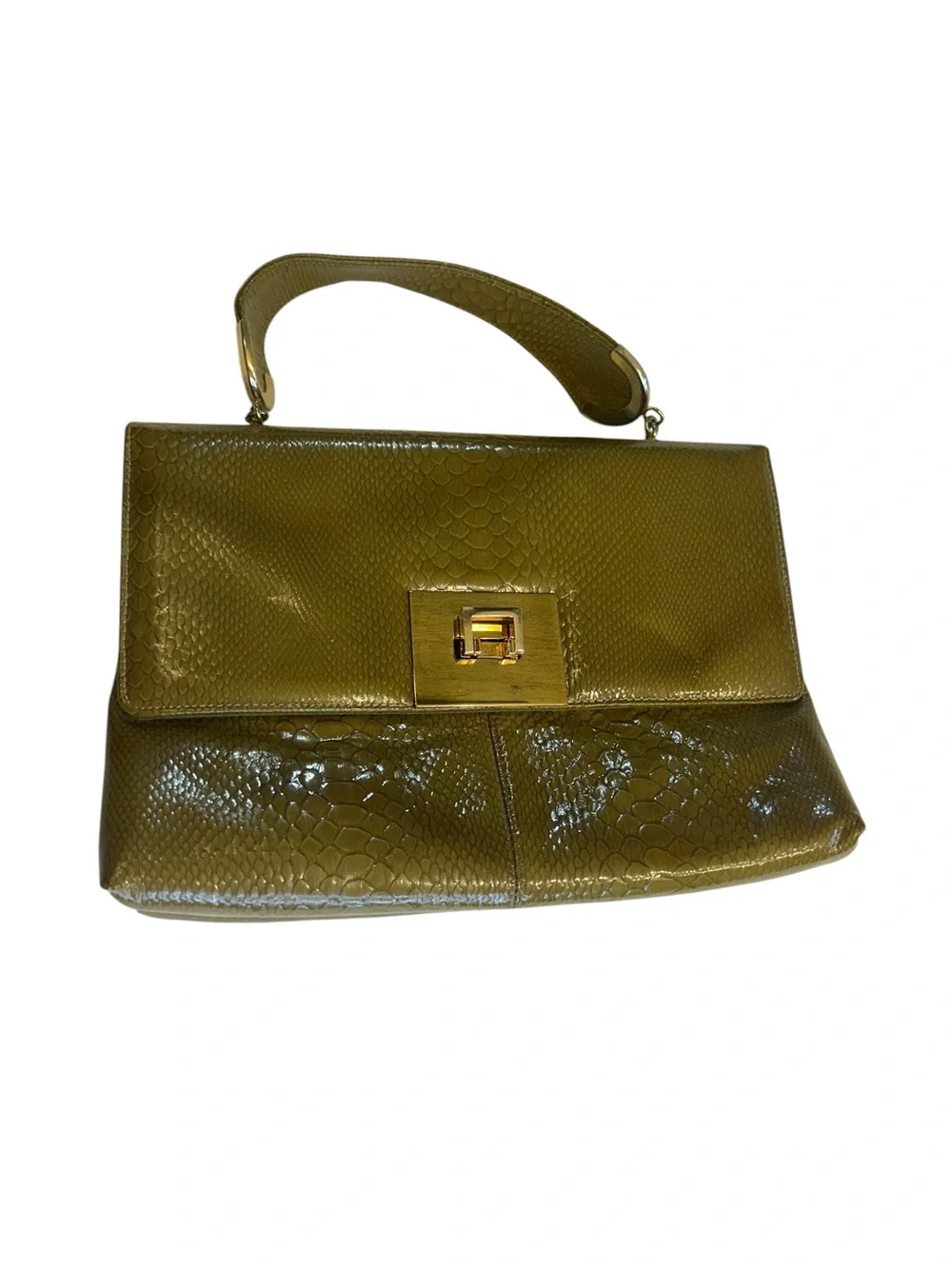 Vintage Olive Green Faux Snakeskin Top Handle Purse Gold Turn Lock Structured